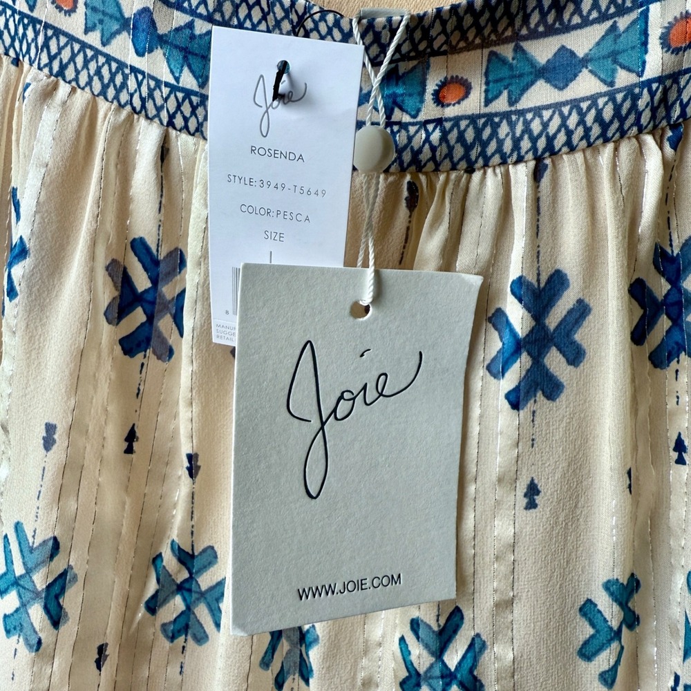 NWT JOIE Rosenda Silk Tank Blouse Aztec‎ Print Cream Blue Metallic Threads L NWT - Picture 5 of 17